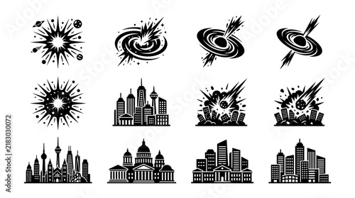 City Skyline Silhouettes with Explosions.