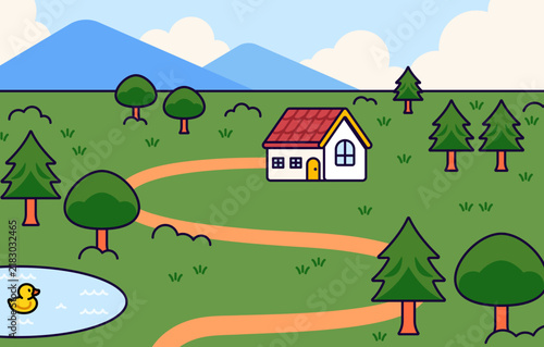 Countryside landscape featuring a small house, winding path, green meadow, mountains, trees, and pond. Perfect for nature, rural living, travel, and outdoor concepts. vector illustration