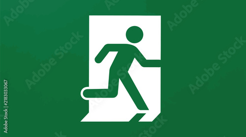 Green emergency exit sign showing running human figure illustration on bright white background for safety navigation