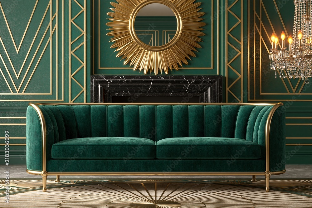 Obraz premium Luxurious emerald green velvet sofa in elegant interior