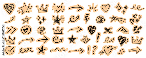 Hand drawn black ink doodle stickers set with hearts, arrows, crowns, and sparkle elements for creative, journal, scrapbook element icon vector set 