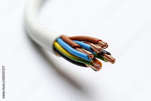 Close up of stripped electrical cable with colored