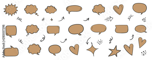 Set of doodle chat clouds. hearts. stars. and arrows in warm tones. perfect for social media posts and graphic layouts.