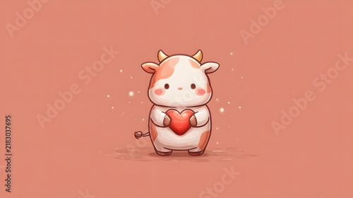 Cute Cartoon Cow Holding Heart on Pastel Background