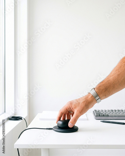 Hand Placing Earbud Case on Wireless Charging Pad on Office Desk
