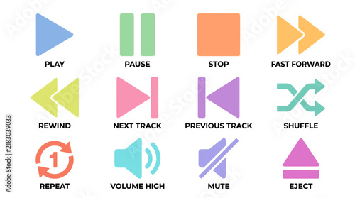 Labeled pastel media playback and volume control icons