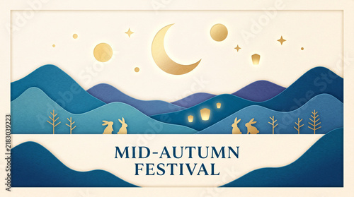 Mid-Autumn Festival paper cut landscape with mountain silhouettes.