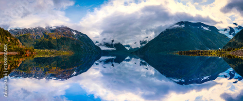 Alaska Panoramic autumn landscape at Portage Glacier in the Chugach Mountains and National Forest on the Kenai Peninsula near Girdwood, USA