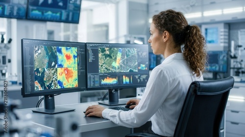 Analyzing satellite maps and geographic data sequences for environmental assessments, a geospatial analyst works in a modern lab.