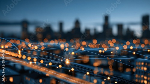 Digital network lines over blurred city lights at