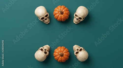 Symmetrical teal halloween pattern showcases ornate orange pumpkins and realistic human skull heads.