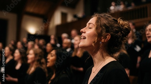 Faces of choir members upturned in pure bliss and devotion while singing with their eyes closed