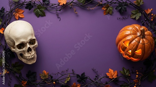 Glowing jack o lantern and skull on dark purple background framed by autumn leaves and thorny vines.