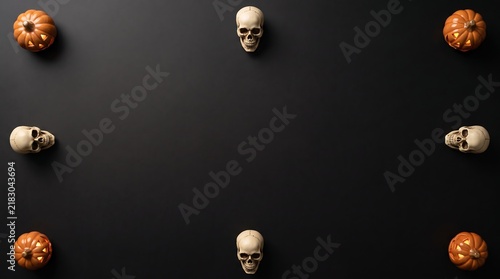 Symmetrical halloween pattern with pumpkins and skulls on black background for spooky wallpaper design.
