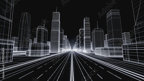 Wireframe Illustration of Modern Urban Cityscape and Road
