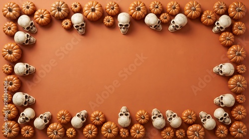 Rich orange halloween border featuring many pumpkins and white skulls for vibrant autumn celebrations.