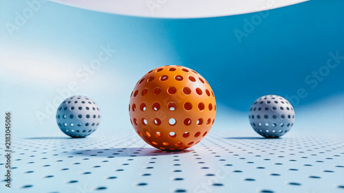 Three Perforated Spheres On Light Blue Minimalist Background