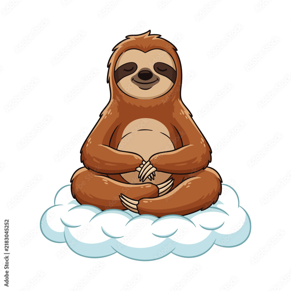 Fototapeta premium Cute cartoon sloth sitting cross-legged on fluffy white clouds, concept for children's education, relaxation therapy, and eco-friendly branding