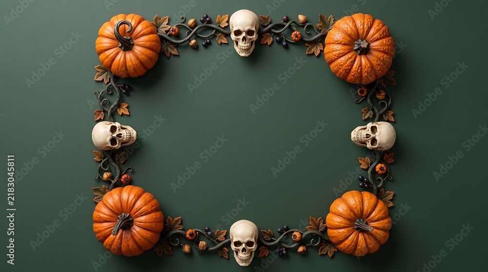 Obraz premium Symmetrical halloween border with pumpkins and skulls on green background for invitation card design.