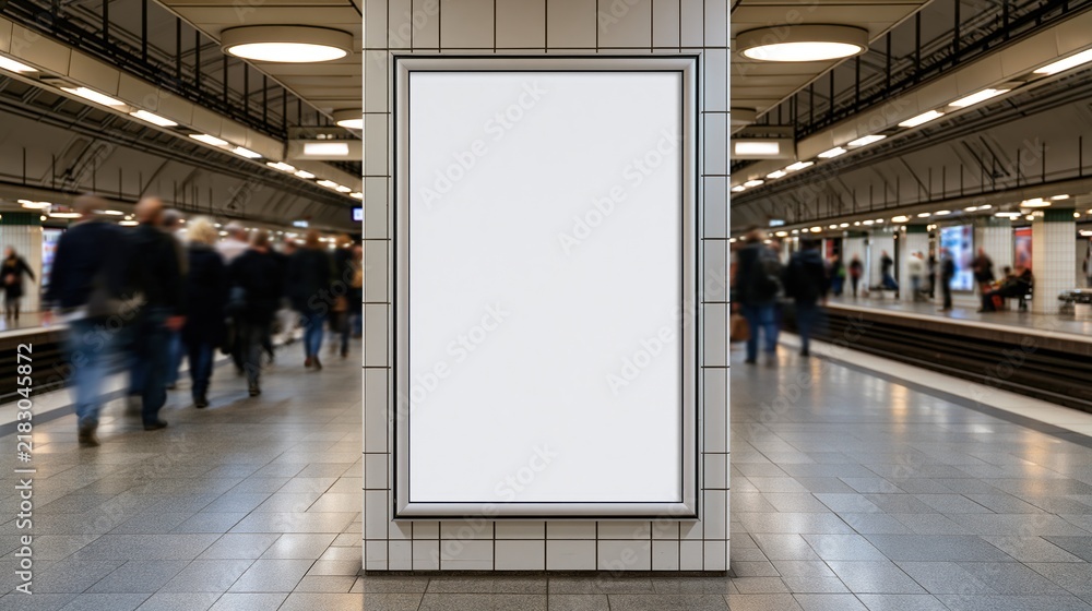 Obraz premium Empty billboard frame on subway platform pillar with