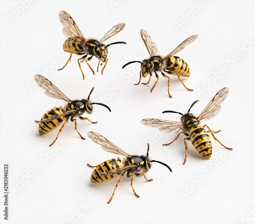 Fototapeta Five yellow and black wasps arranged on white