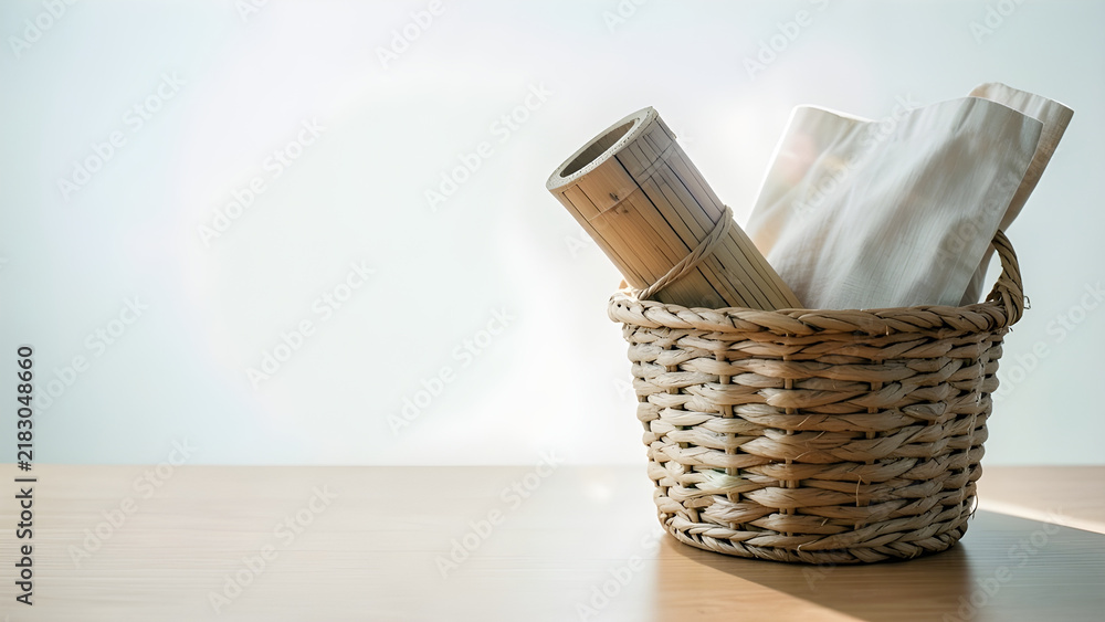 Obraz premium Seagrass Basket with Bamboo Mat
