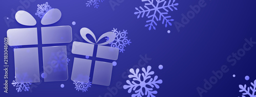Elegant Christmas scene featuring glossy glassmorphism gift boxes floating against a deep blue background adorned with snowflakes.