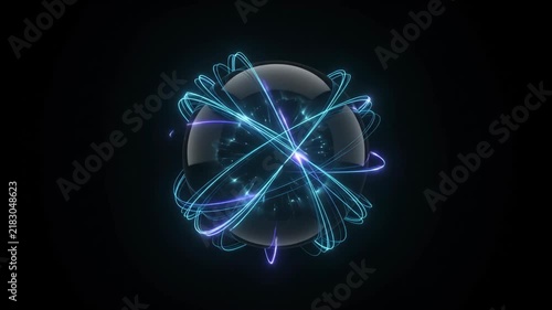 Neon Blue Orange Purple Light Trail Orbit Around Dark Sphere, Futuristic Abstract Energy Network With Glowing Digital Motion, Luminous Orbital Lines And Depth Against Black Background