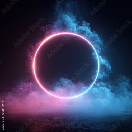 Neon Light Circle Surrounded by Colorful Smoke in Dark Atmosphere