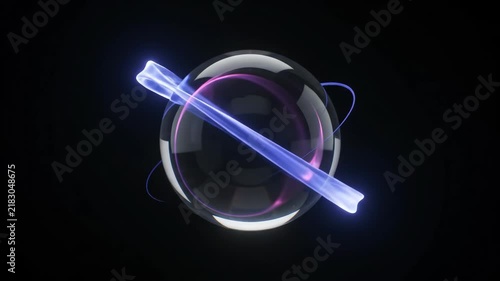 Futuristic Blue Orange Purple Glowing Sphere with Luminous Orbital Ring, Dark Glass Reflective Surface, Abstract Cosmic Space Symbol, Dynamic Energy Motion for Science Technology Background Concepts