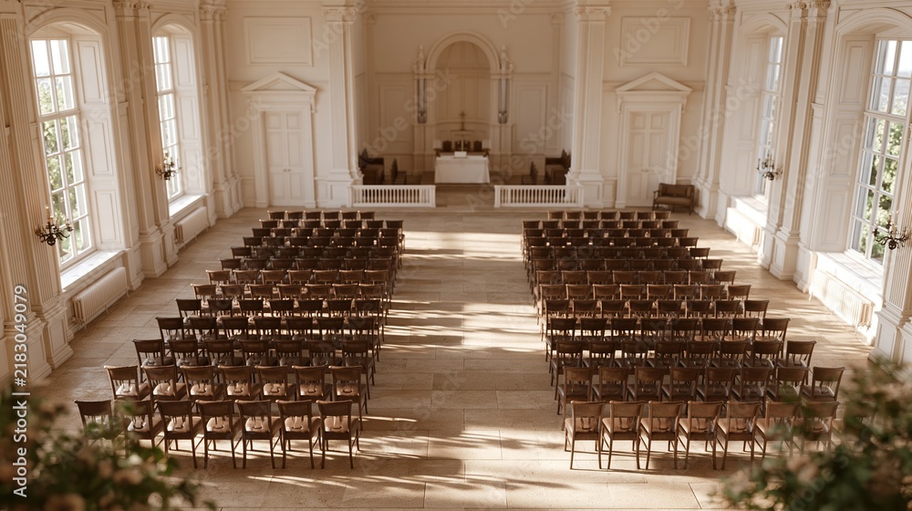 Obraz premium Sunlit chapel interior with rows of wooden chairs