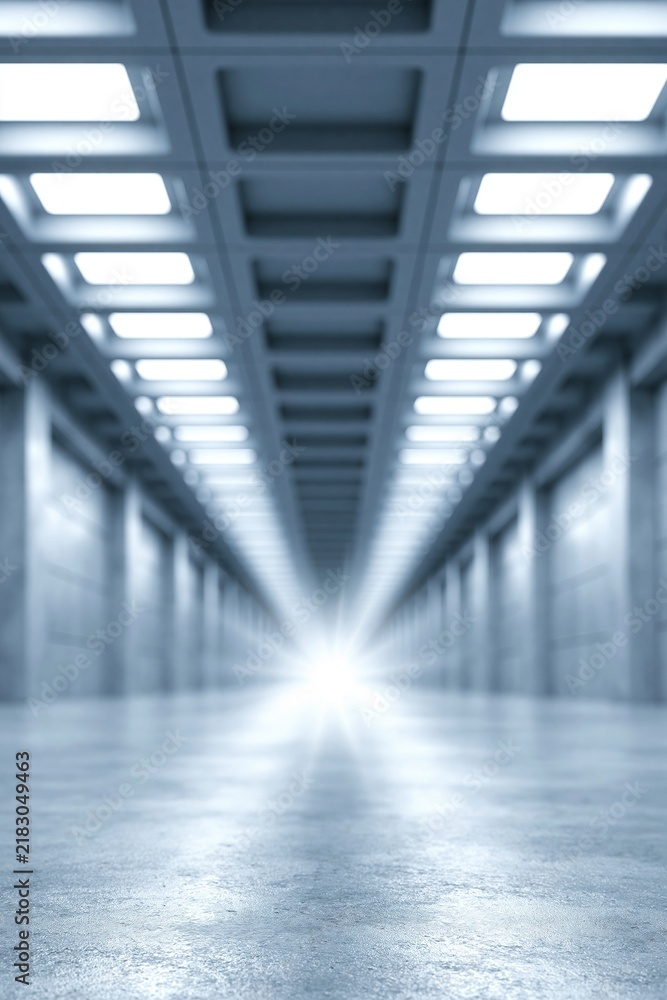 Fototapeta premium Empty futuristic corridor with bright light at end