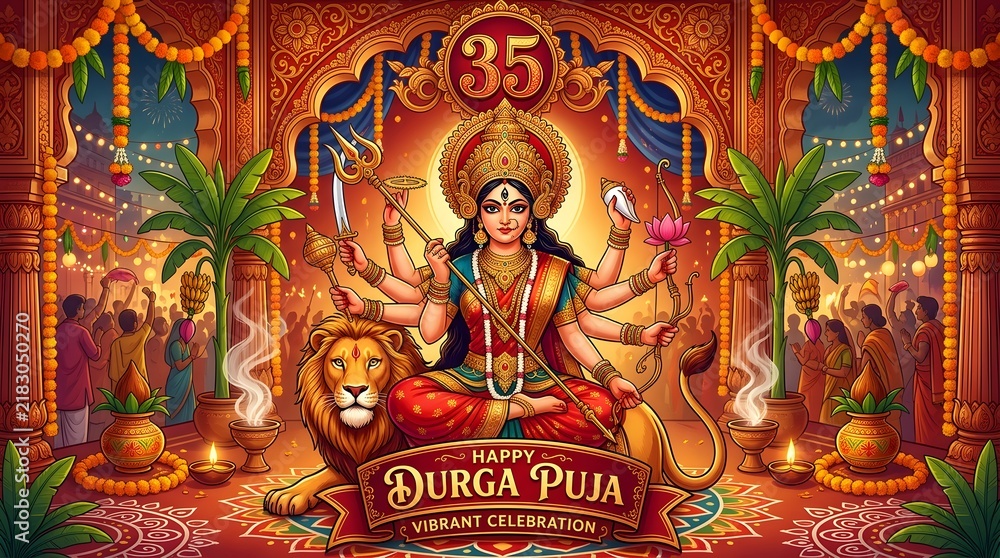 Fototapeta premium Durga Puja celebration illustration with goddess Durga on lion surrounded by vibrant decorations