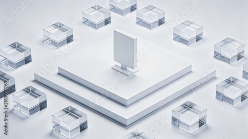 Central Device Surrounded by Transparent Cubes on White Background