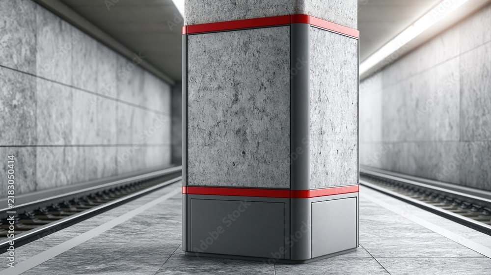 Obraz premium Modern concrete subway station pillar with red accents