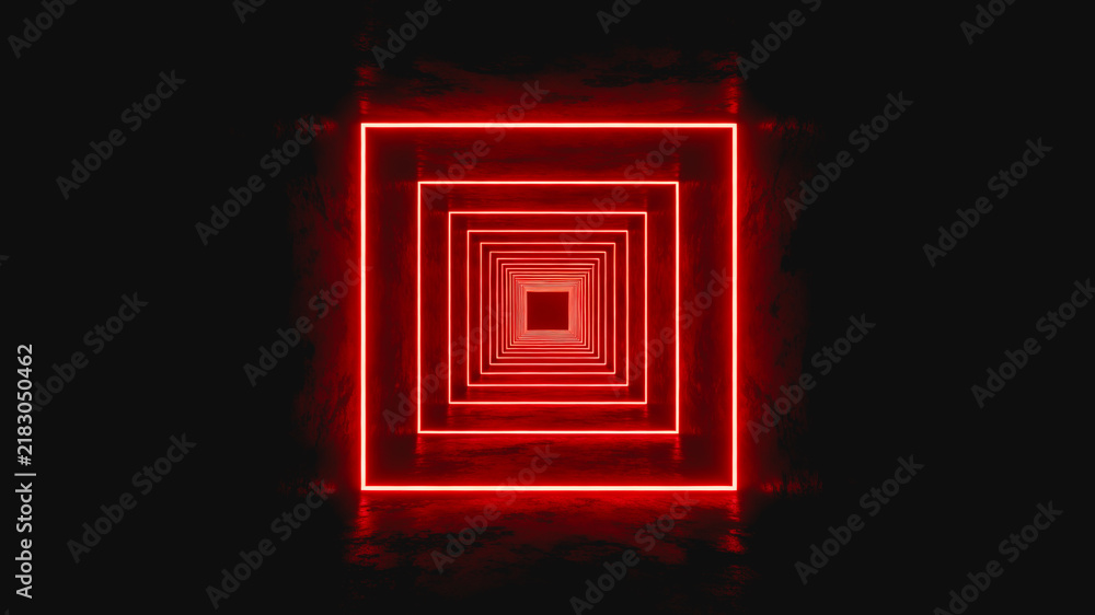Fototapeta premium Neon Concentric Square Tunnel on Dark Moody Background
