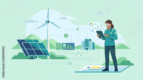 Engineer inspecting renewable energy systems with smooth mint green textures and bright digital graphics illustrating sustainable power networks.