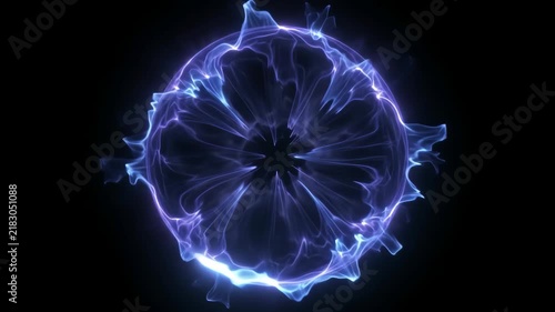 Blue Orange Purple Glowing Energy Sphere with Electric Plasma Wave, Luminous Flower Petals and Abstract Circular Light Pattern Creating Futuristic Cosmic Vortex on Black Background