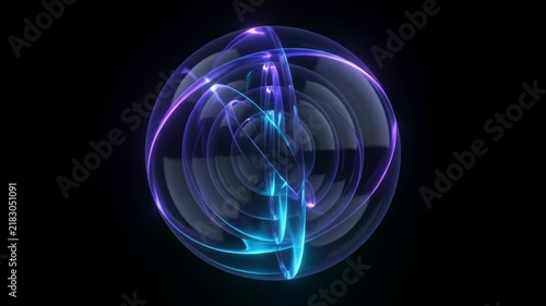 Blue Purple Orange Abstract Sphere with Concentric Glass Rings, Layered Translucent Curves, Glowing Light, Luminous Reflective Depth, Futuristic Design on Black Background