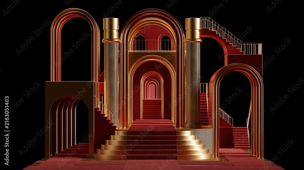 Obraz premium Luxurious gold and red architectural staircase design