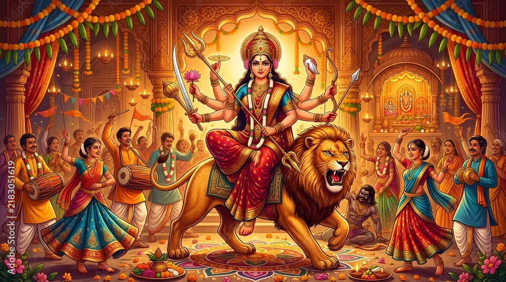 Fototapeta premium Goddess Durga riding lion with multiple arms holding weapons and flowers in vibrant temple setting