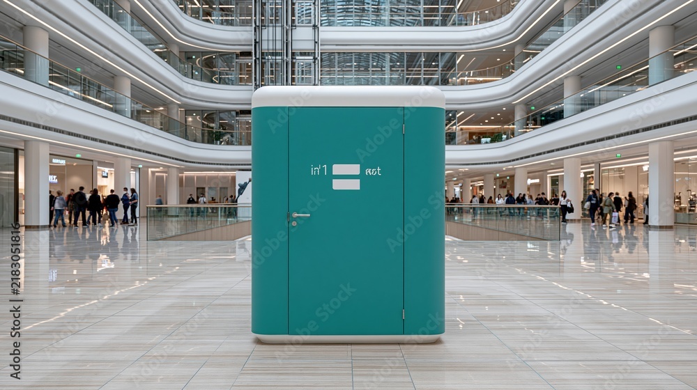 Obraz premium Modern teal bathroom cabin in spacious shopping mall