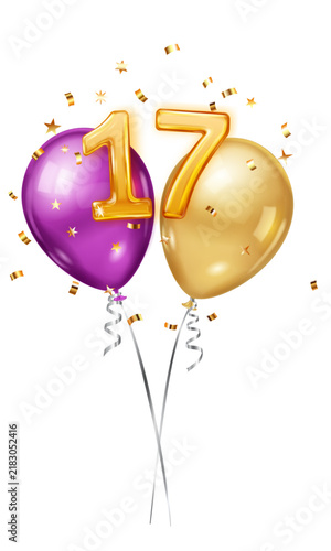 Bright purple and gold balloons with 17 forming on them, surrounded by festive golden confetti.