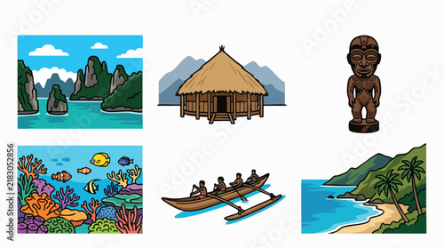 Foto Vector set of Indonesian traditional houses, Toraja Tongkonan, Papua Asmat statue, and beach landscape