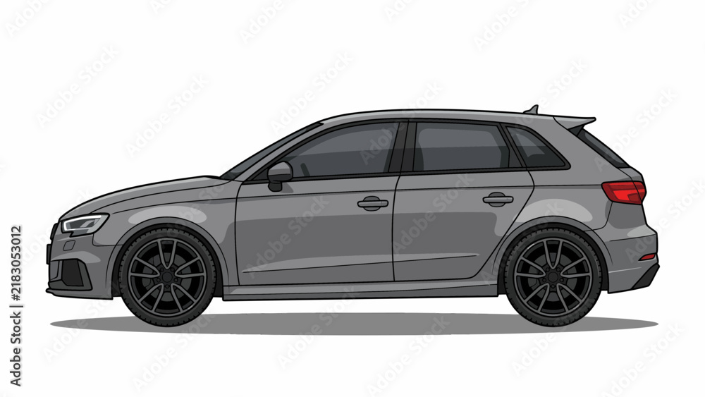Fototapeta premium Side view illustration of a modern grey hatchback car with black wheels and tinted windows, isolated on a white background.