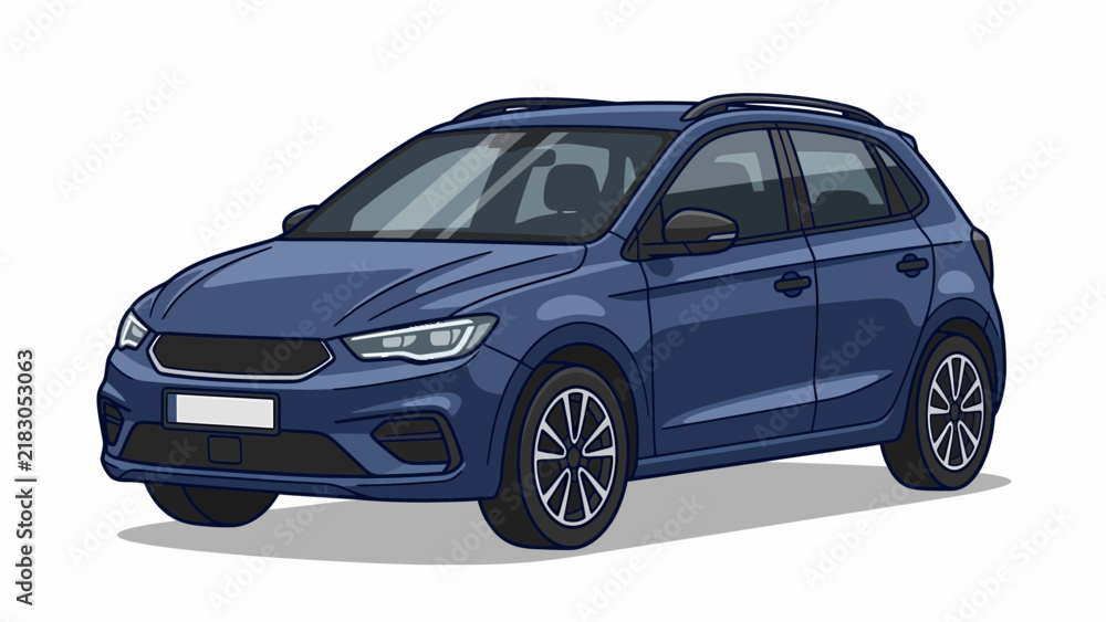 Fototapeta premium Modern blue hatchback car parked on a white background, clean design.
