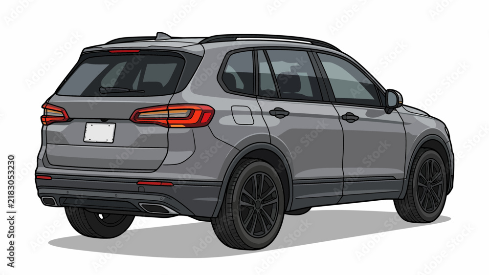Fototapeta premium Modern gray SUV parked on a white background, viewed from the rear three-quarter angle.
