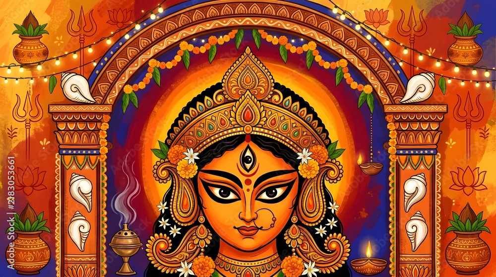 Naklejka premium Traditional Hindu goddess illustration with ornate temple background and decorative elements