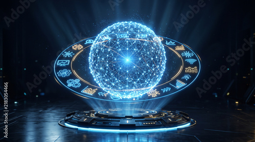 Glowing holographic sphere hovers above a futuristic platform in a dark digital space. Abstract symbols evoke secure connectivity, technical intelligence, and digital innovation.