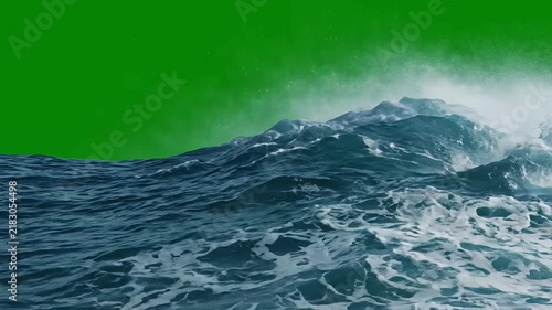 Dynamic ocean wave crashing with white foam spray in a realistic video loop animation, seamless background overlay, nature element compositing footage